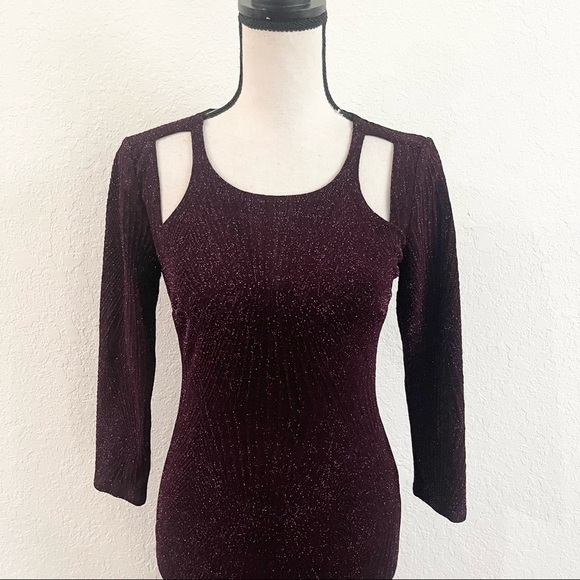 TRIXXI Juniors Dark Purple Sequin Elbow Sleeve Cut Out Dress Size Small Bodycon - Picture 3 of 7